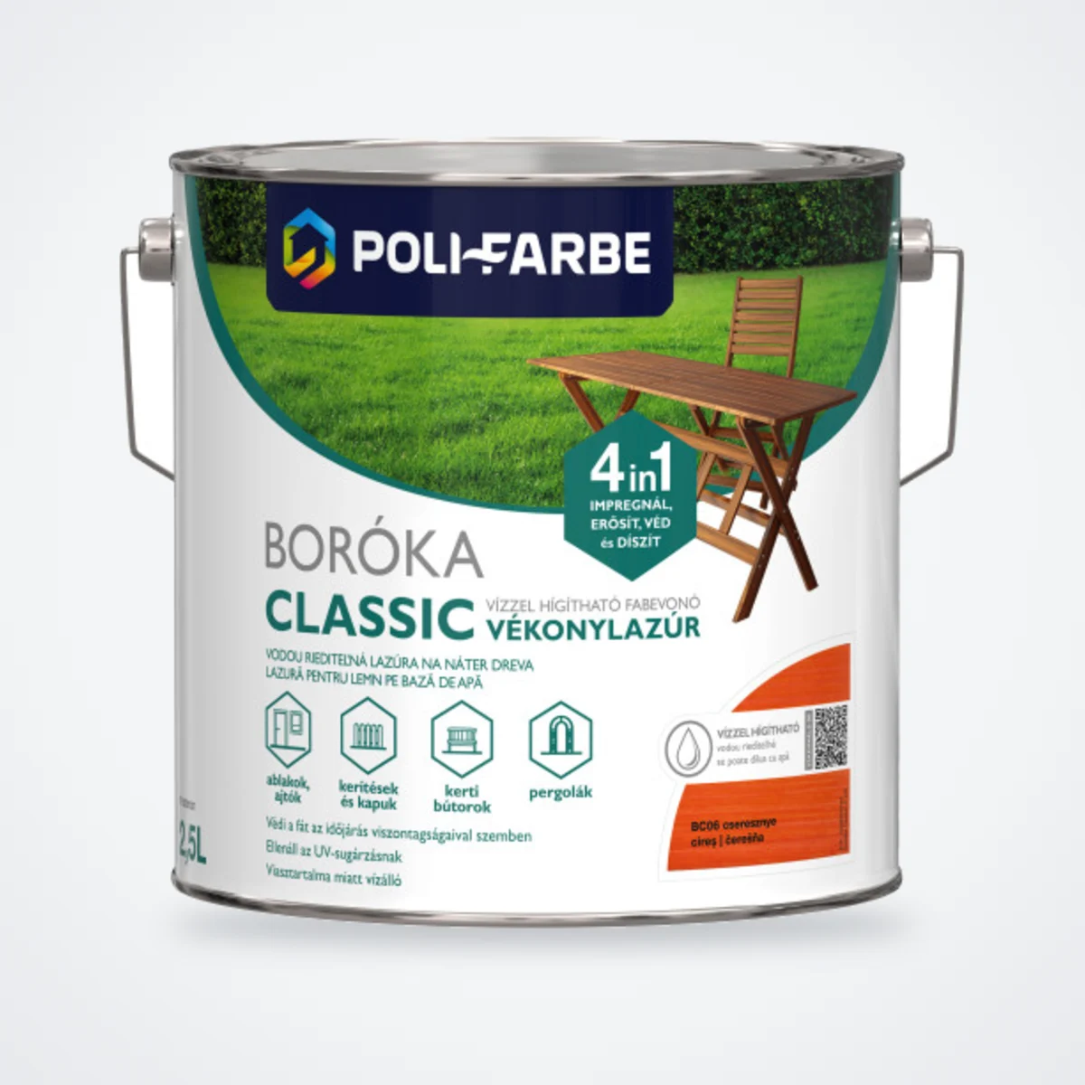 Poli-Farbe Boróka Classic vízzel hígítható vékonylazúr cseresznye 2,5 L – HelloMester Kecskemét