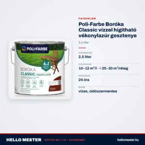 Poli-Farbe Boróka Classic vízzel hígítható vékonylazúr gesztenye 2,5 L – műszaki adatok – HelloMester Kecskemét