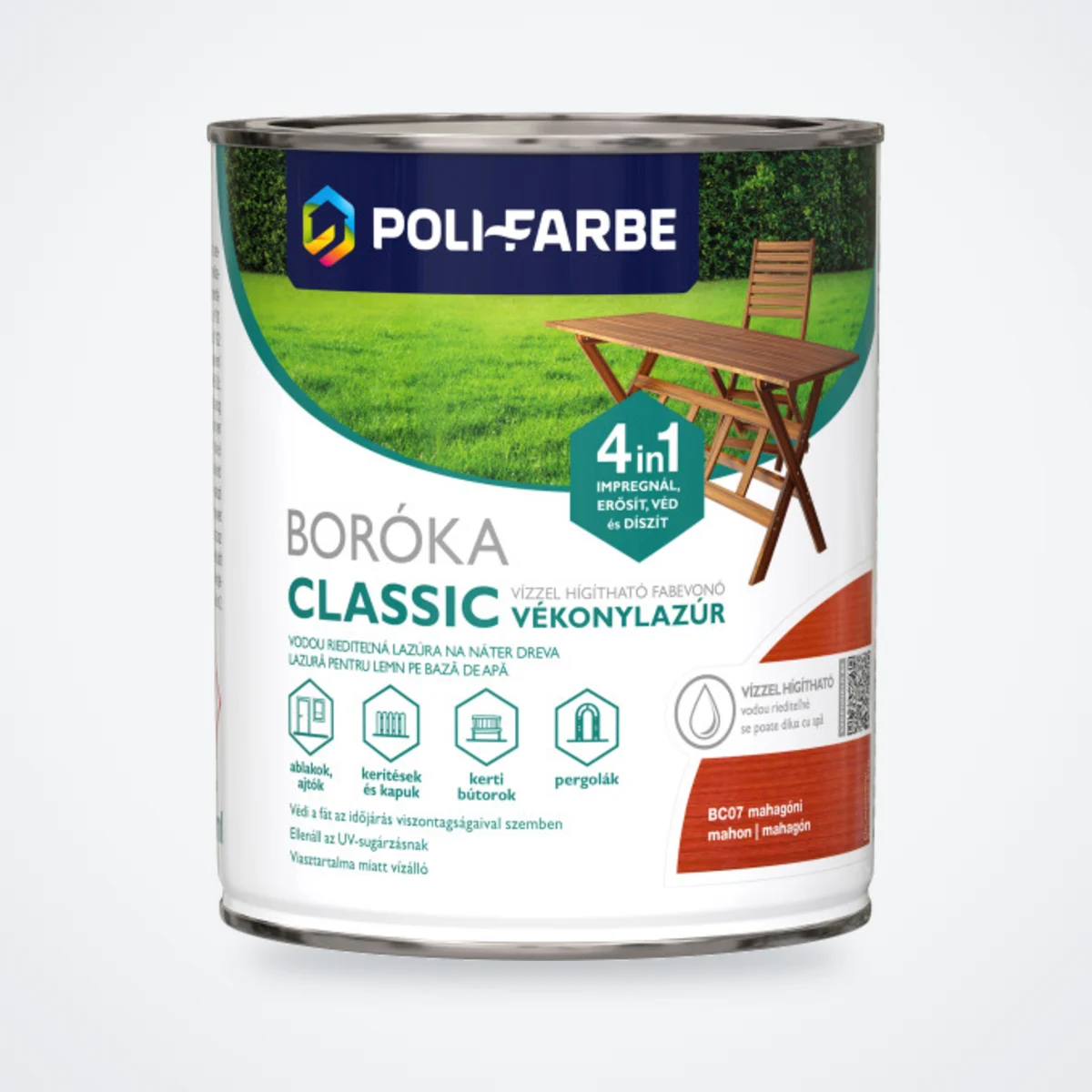 Poli-Farbe Boróka Classic vízzel hígítható vékonylazúr mahagóni 0,75 L – HelloMester Kecskemét