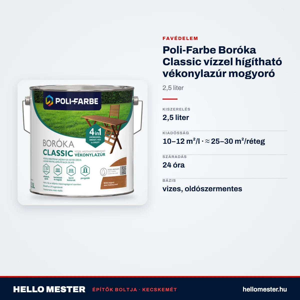 Poli-Farbe Boróka Classic vízzel hígítható vékonylazúr mogyoró 2,5 L – műszaki adatok – HelloMester Kecskemét