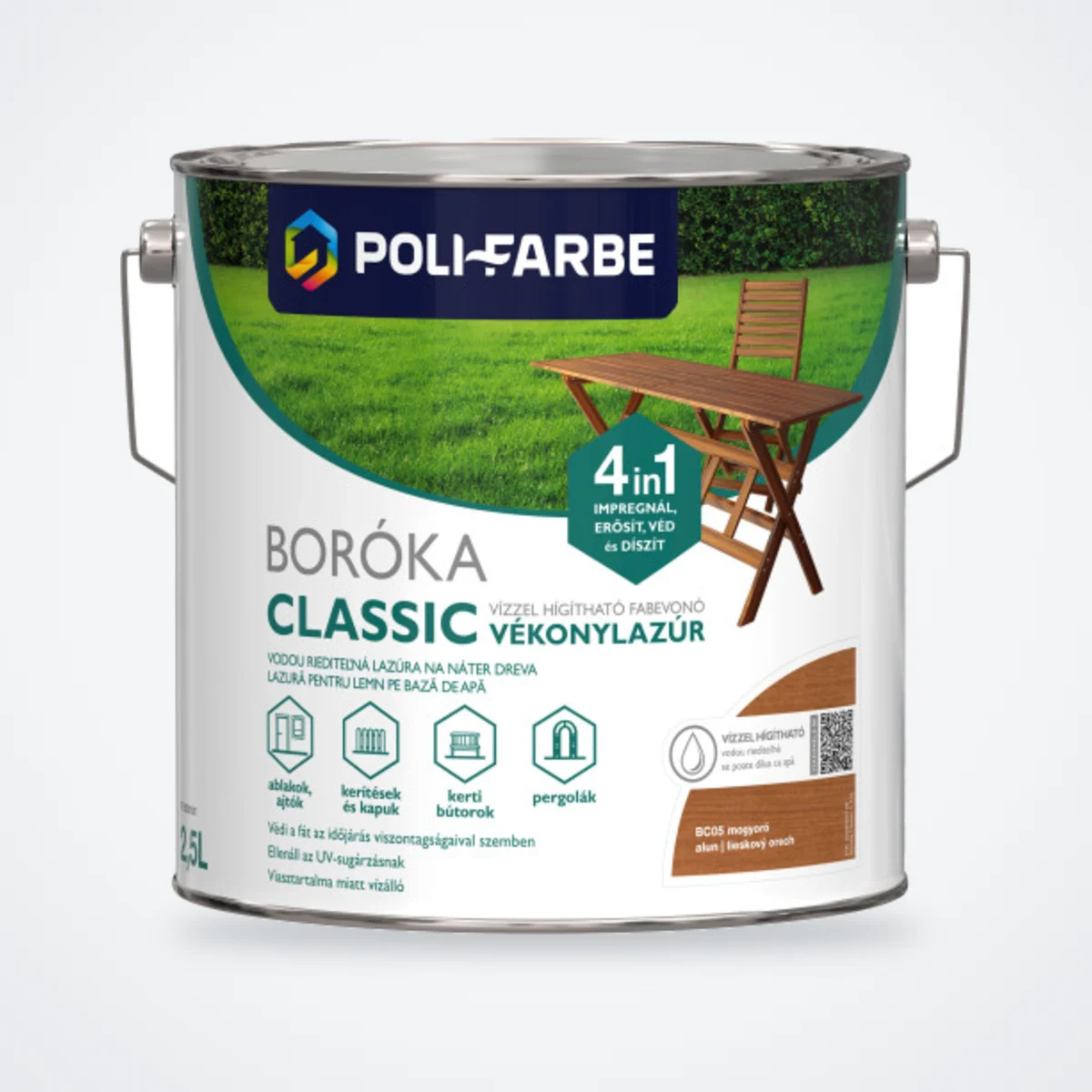 Poli-Farbe Boróka Classic vízzel hígítható vékonylazúr mogyoró 2,5 L – HelloMester Kecskemét
