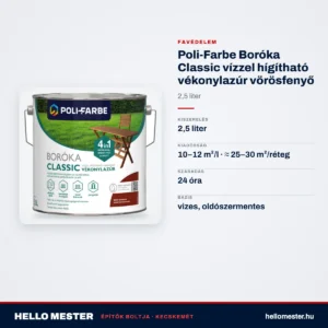 Poli-Farbe Boróka Classic vízzel hígítható vékonylazúr vörösfenyő 2,5 L – műszaki adatok – HelloMester Kecskemét