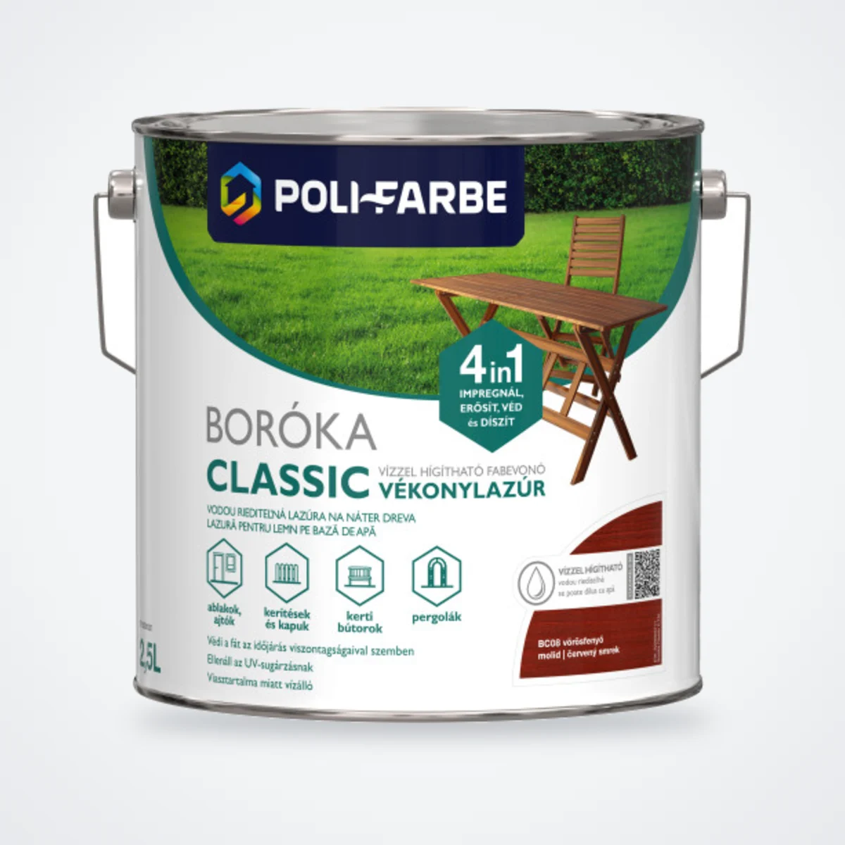 Poli-Farbe Boróka Classic vízzel hígítható vékonylazúr vörösfenyő 2,5 L – HelloMester Kecskemét
