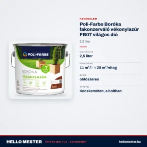 Poli-Farbe Boróka fakonzerváló vékonylazúr FB07 világos dió 2,5 L – műszaki adatok – HelloMester Kecskemét