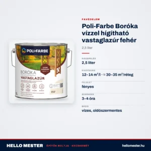 Poli-Farbe Boróka vízzel hígítható vastaglazúr fehér 2,5 L – műszaki adatok – HelloMester Kecskemét