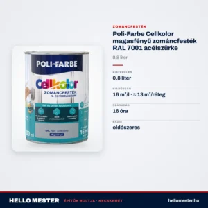 Poli-Farbe Cellkolor magasfényű zománcfesték RAL 7001 acélszürke 0,8 L – műszaki adatok – HelloMester Kecskemét
