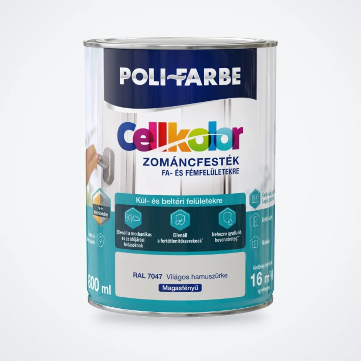 Poli-Farbe Cellkolor magasfényű zománcfesték RAL 7047 világos hamuszürke 0,8 L – HelloMester Kecskemét