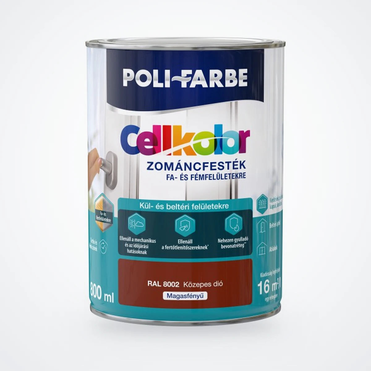 Poli-Farbe Cellkolor magasfényű zománcfesték RAL 8002 közepes dió 0,8 L – HelloMester Kecskemét