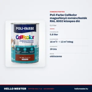 Poli-Farbe Cellkolor magasfényű zománcfesték RAL 8002 közepes dió 0,8 L – műszaki adatok – HelloMester Kecskemét