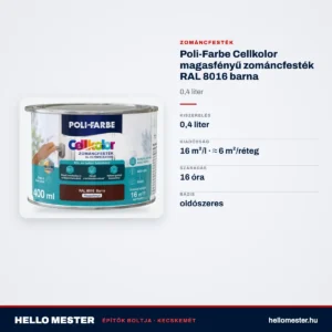 Poli-Farbe Cellkolor magasfényű zománcfesték RAL 8016 barna 0,4 L – műszaki adatok – HelloMester Kecskemét