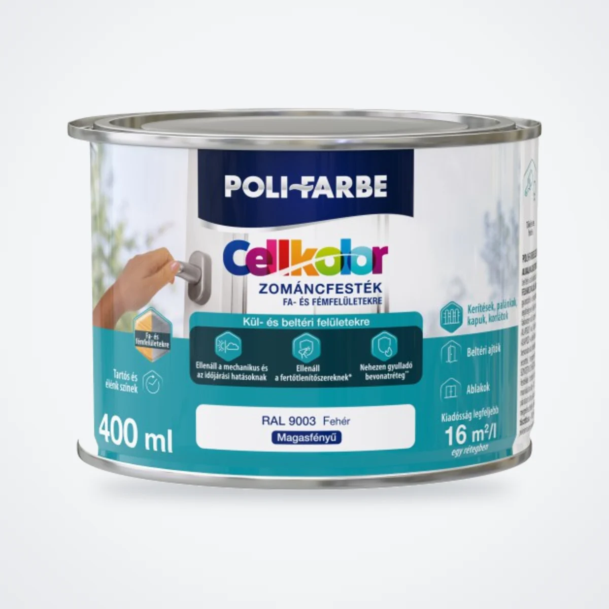 Poli-Farbe Cellkolor magasfényű zománcfesték RAL 9003 fehér 0,4 L – HelloMester Kecskemét