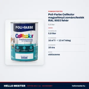 Poli-Farbe Cellkolor magasfényű zománcfesték RAL 9003 fehér 0,8 L – műszaki adatok – HelloMester Kecskemét