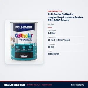 Poli-Farbe Cellkolor magasfényű zománcfesték RAL 9005 fekete 0,8 L – műszaki adatok – HelloMester Kecskemét