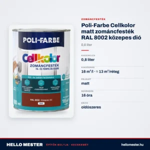 Poli-Farbe Cellkolor matt zománcfesték RAL 8002 közepes dió 0,8 L – műszaki adatok – HelloMester Kecskemét