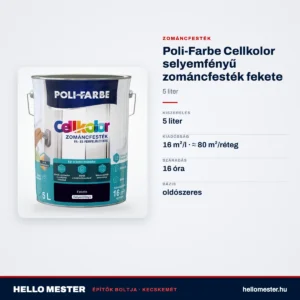 Poli-Farbe Cellkolor selyemfényű zománcfesték fekete 5 L – műszaki adatok – HelloMester Kecskemét