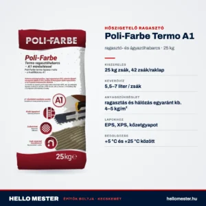 Poli-Farbe Termo A1 – műszaki adatok: ragasztás és hálózás egyaránt kb. 4–5 kg/m², 5,5–7 liter / zsák keverővíz | HelloMester Kecskemét