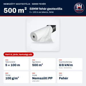 S8NW fehér geotextília 5×100 m (500 m², 100 g/m², 8/8 kN) – műszaki adatok: Tekercsméret 5 × 100 m, Egy tekercs 500 m², Szakítószilárdság 8/8 kN/m, Tömeg 100 g/m², Anyag Nemszőtt PP, Szín Fehér | HelloMester Kecskemét