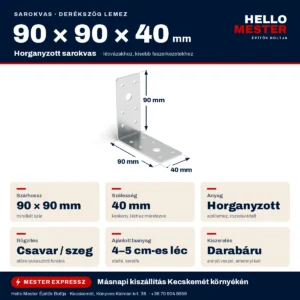 Sarokvas 90x90x40 mm méretei: 90 mm-es szárak, 40 mm szélesség – infografika