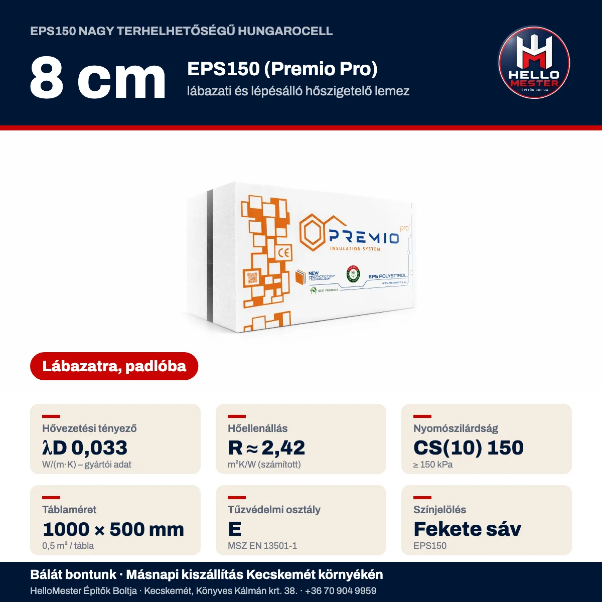 EPS150 lábazati hungarocell 8 cm – műszaki adatok: λD 0,033, CS(10) 150 kPa, 1000×500 mm | HelloMester Kecskemét