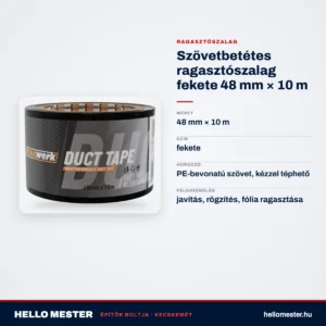 Szövetbetétes ragasztószalag fekete 48 mm × 10 m – műszaki adatok – HelloMester Kecskemét