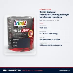 Trinát Special rozsdaSTOP magasfényű fémfesték rozsdára – RAL 7016 antracit, 0,75 L – műszaki adatok – HelloMester Kecskemét