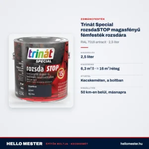 Trinát Special rozsdaSTOP magasfényű fémfesték rozsdára – RAL 7016 antracit, 2,5 L – műszaki adatok – HelloMester Kecskemét