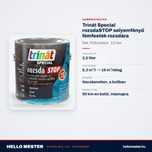 Trinát Special rozsdaSTOP selyemfényű fémfesték rozsdára – RAL 7016 antracit, 2,5 L – műszaki adatok – HelloMester Kecskemét