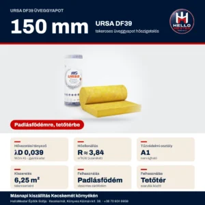 URSA DF39 150 mm tekercses üveggyapot – műszaki adatok: λD 0,039, R ≈ 3,84 m²K/W, A1 | HelloMester Kecskemét