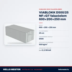 VIABLOKK D500/25 NF+GT falazóelem 600×200×250 mm – műszaki adatok – HelloMester Kecskemét