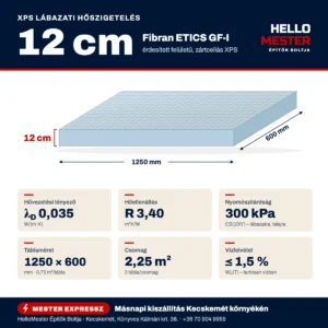 Fibran XPS 12 cm lábazati hőszigetelő lap – műszaki infografika: λD 0,035 W/(m·K), R 3,40 m²K/W, 300 kPa, 1250×600 mm, 2,25 m²/csomag | HelloMester