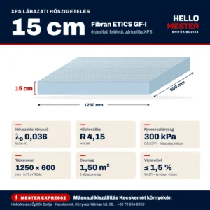 Fibran XPS 15 cm lábazati hőszigetelő lap – műszaki infografika: λD 0,036 W/(m·K), R 4,15 m²K/W, 300 kPa, 1250×600 mm, 1,50 m²/csomag | HelloMester